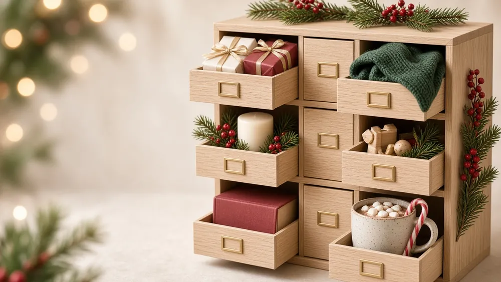 Wooden advent drawer box with drawers pulled open, filled with small gifts, wrapped presents and treats, beside pine branches and twinkling lights